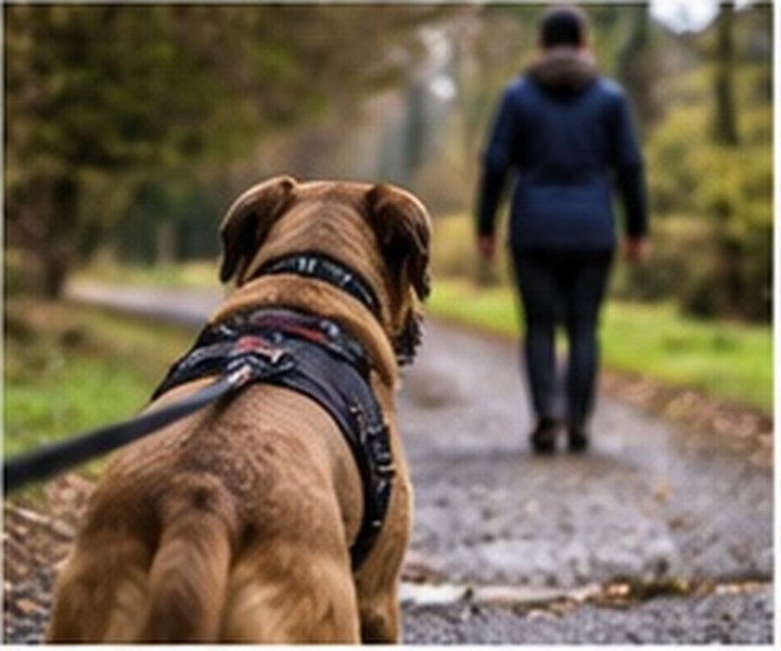 Dog following a person during mantrailing training